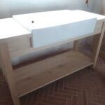 la maison de nous, meuble de cuisine sur mesures en châtaignier, évier timbre d'office, meuble style établi, menuiserie, ébénisterie, aménagement intérieur, création